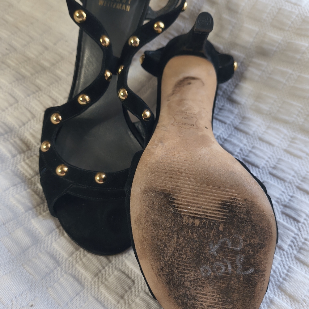 Stuart Weitzman Black Suede Gold-Stud T-Strap Heels - Picture 3 of 7